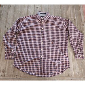 Tommy Hilfiger Mens Red Blue Plaid Long Sleeve Button-Up Shirt Size Large